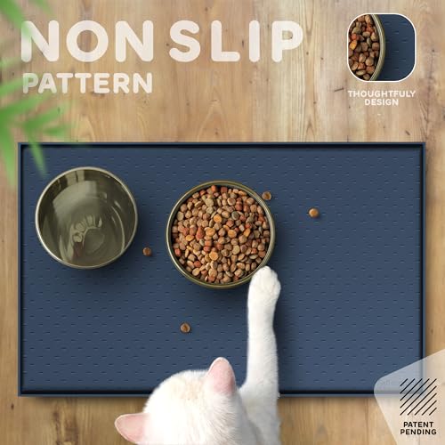 PETHAPPILY Dog Food Mat 24x15 - Waterproof Silicone Feeding Mat with Raised Edges, Non-Slip Pet Bowl Mat for Dogs and Cats, Denim Gray