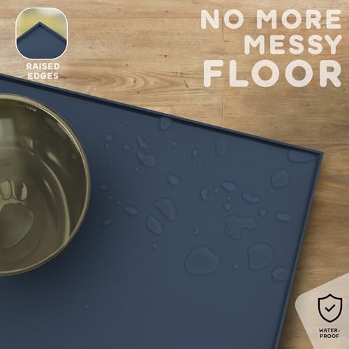 PETHAPPILY Dog Food Mat 24x15 - Waterproof Silicone Feeding Mat with Raised Edges, Non-Slip Pet Bowl Mat for Dogs and Cats, Denim Gray