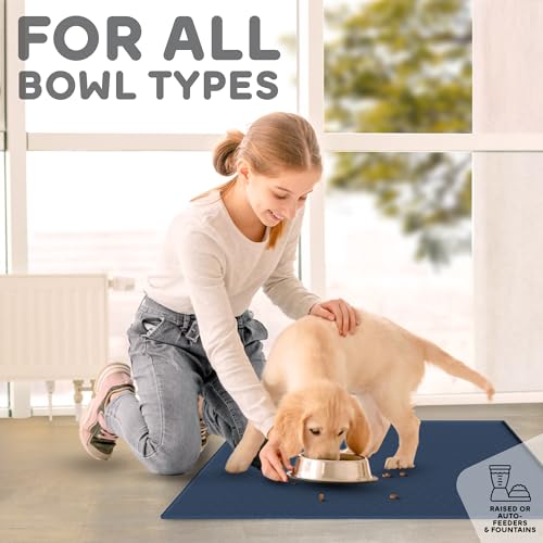 PETHAPPILY Dog Food Mat 24x15 - Waterproof Silicone Feeding Mat with Raised Edges, Non-Slip Pet Bowl Mat for Dogs and Cats, Denim Gray