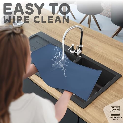 PETHAPPILY Dog Food Mat 24x15 - Waterproof Silicone Feeding Mat with Raised Edges, Non-Slip Pet Bowl Mat for Dogs and Cats, Denim Gray