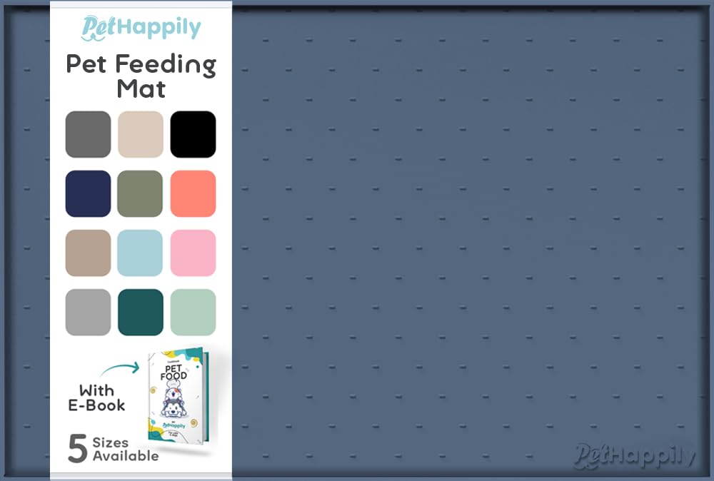 PETHAPPILY Dog Food Mat 24x15 - Waterproof Silicone Feeding Mat with Raised Edges, Non-Slip Pet Bowl Mat for Dogs and Cats, Denim Gray