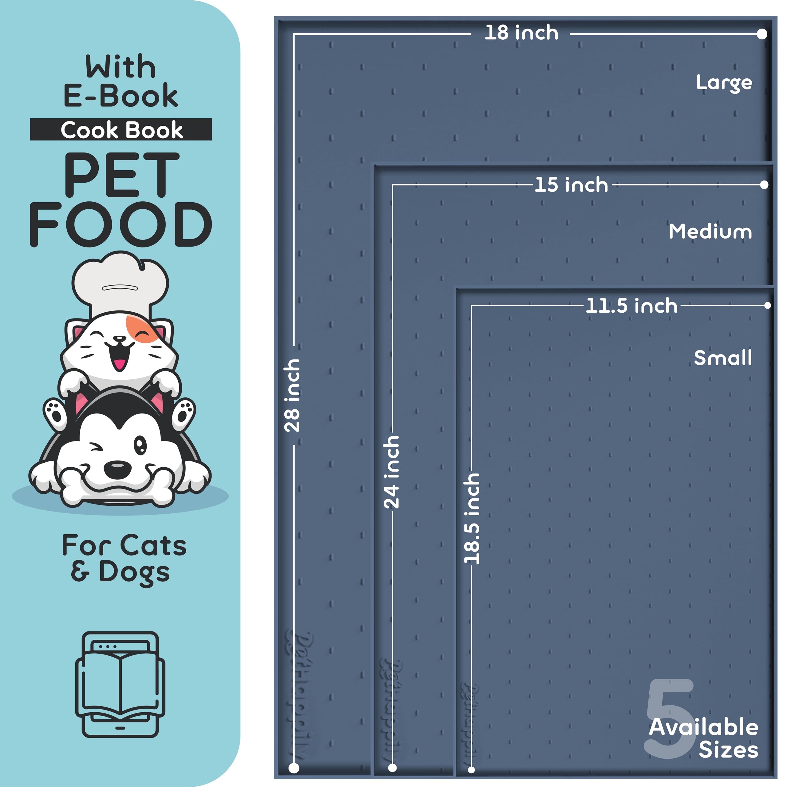 PETHAPPILY Dog Food Mat 24x15 - Waterproof Silicone Feeding Mat with Raised Edges, Non-Slip Pet Bowl Mat for Dogs and Cats, Denim Gray