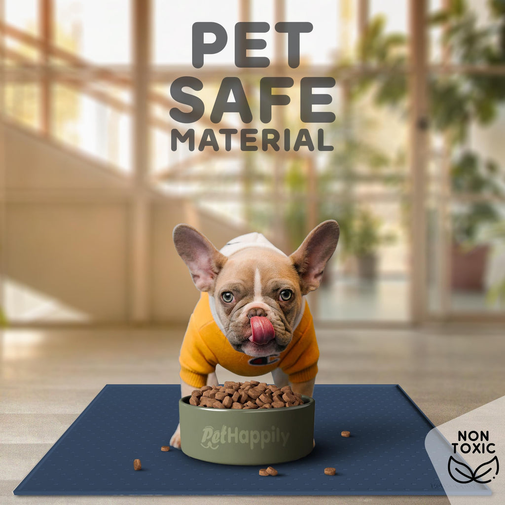 PETHAPPILY Dog Food Mat 24x15 - Waterproof Silicone Feeding Mat with Raised Edges, Non-Slip Pet Bowl Mat for Dogs and Cats, Denim Gray