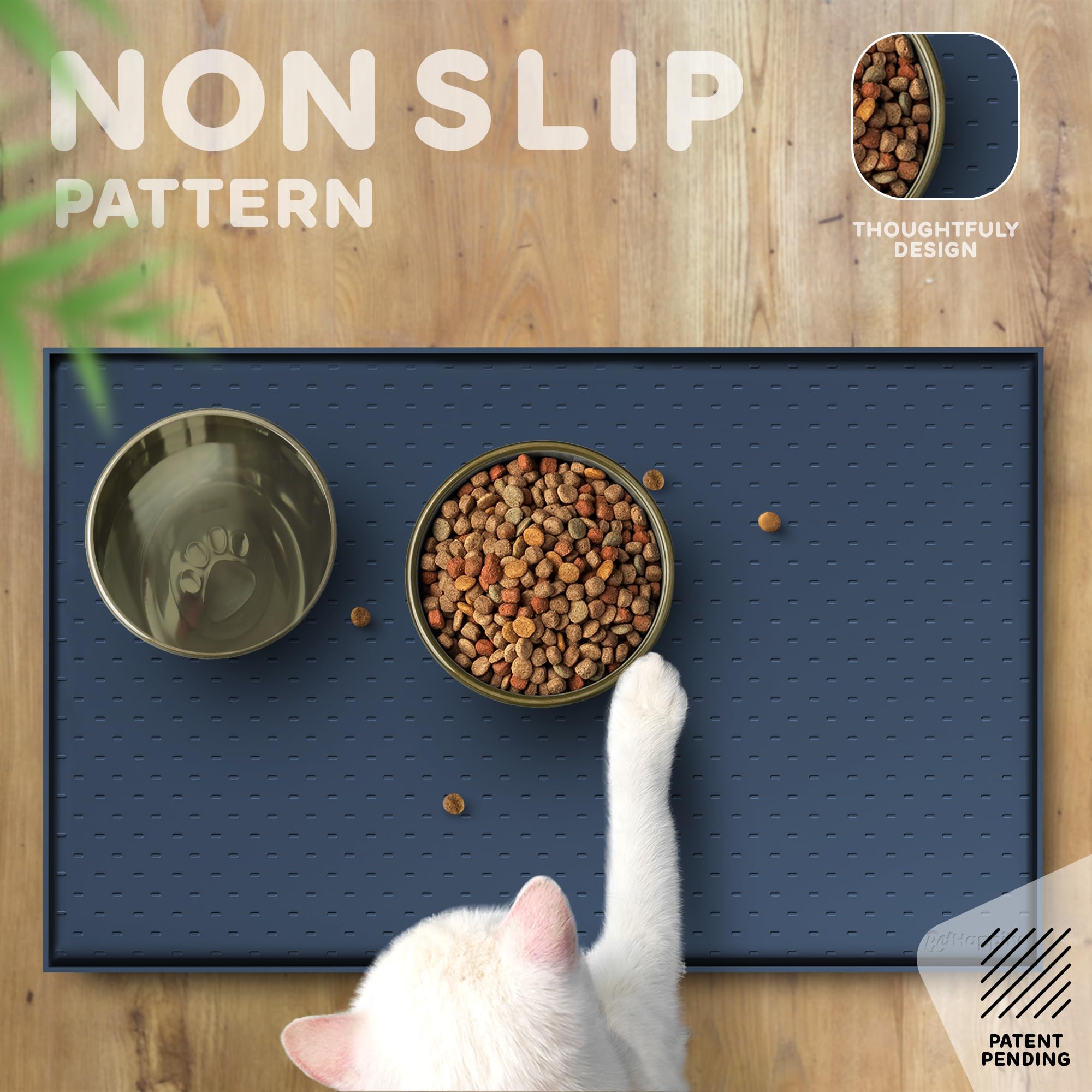 PETHAPPILY Dog Food Mat 24x15 - Waterproof Silicone Feeding Mat with Raised Edges, Non-Slip Pet Bowl Mat for Dogs and Cats, Denim Gray