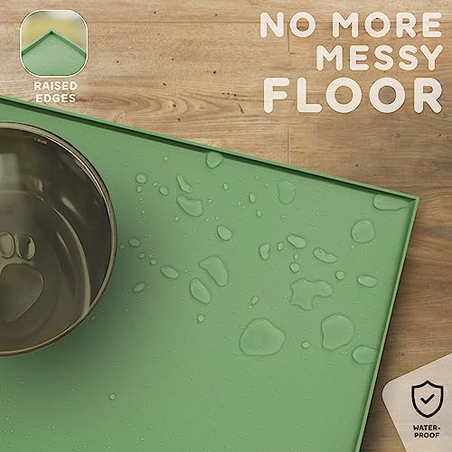 PETHAPPILY Silicone Pet Feeding Mat - 24x15 Waterproof Raised Edges Placemat for Dogs and Cats, Eucalyptus Green