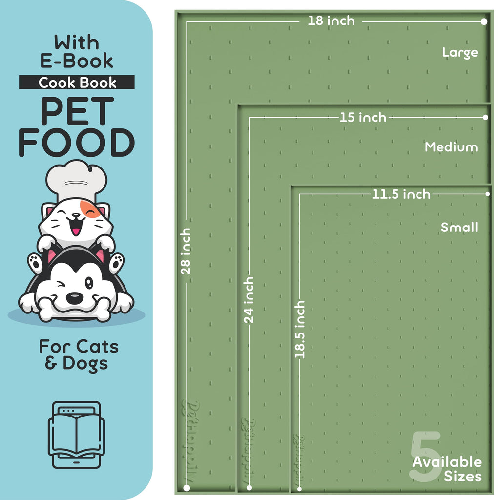 PETHAPPILY Silicone Pet Feeding Mat - 24x15 Waterproof Raised Edges Placemat for Dogs and Cats, Eucalyptus Green