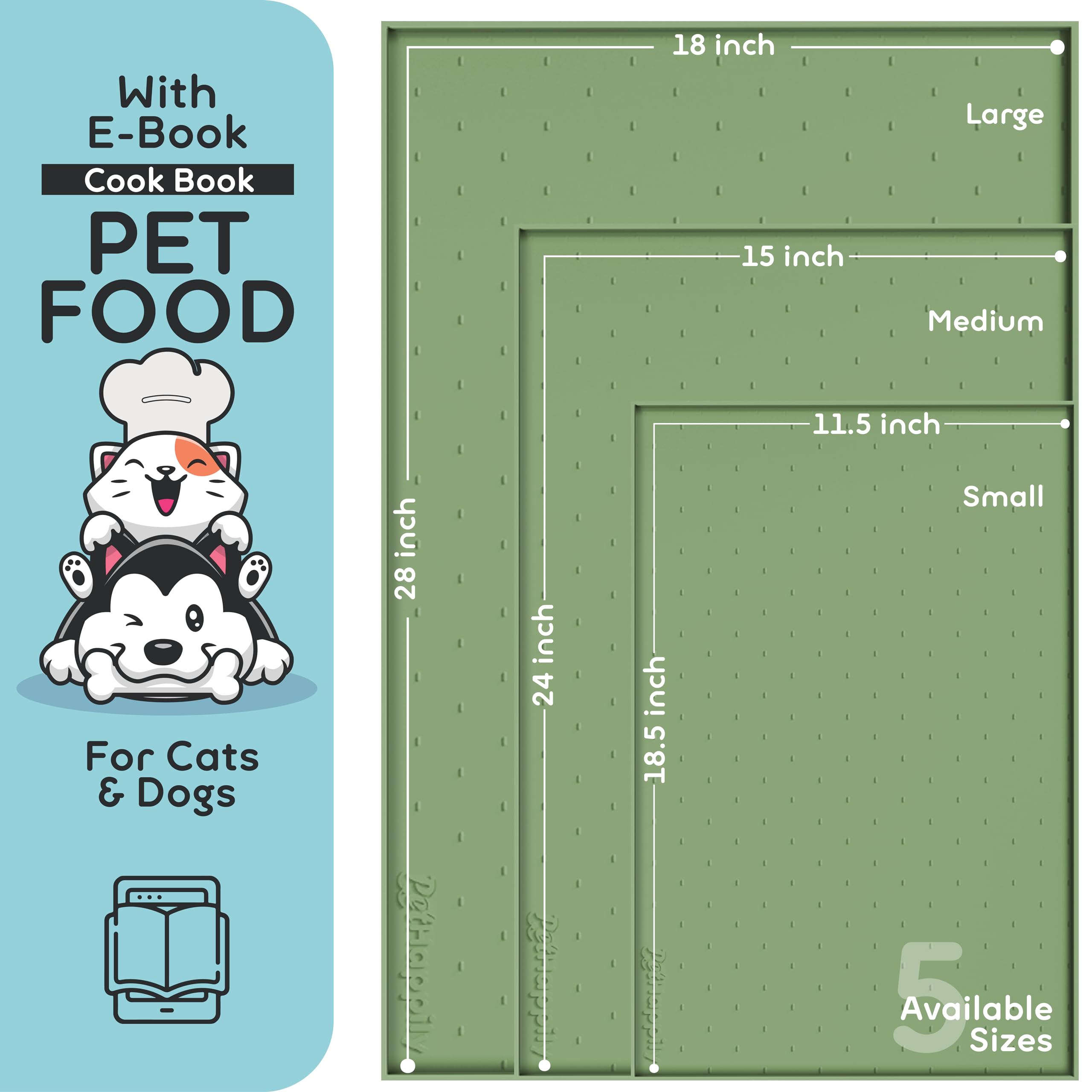 PETHAPPILY Silicone Pet Feeding Mat - 24x15 Waterproof Raised Edges Placemat for Dogs and Cats, Eucalyptus Green