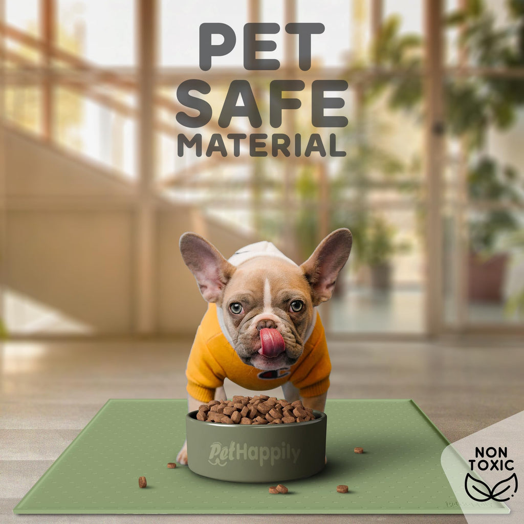 PETHAPPILY Silicone Pet Feeding Mat - 24x15 Waterproof Raised Edges Placemat for Dogs and Cats, Eucalyptus Green