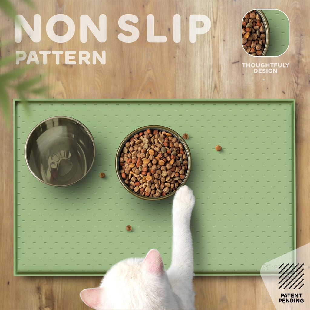 PETHAPPILY Silicone Pet Feeding Mat - 24x15 Waterproof Raised Edges Placemat for Dogs and Cats, Eucalyptus Green