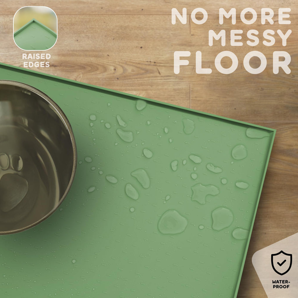 PETHAPPILY Silicone Pet Feeding Mat - 24x15 Waterproof Raised Edges Placemat for Dogs and Cats, Eucalyptus Green
