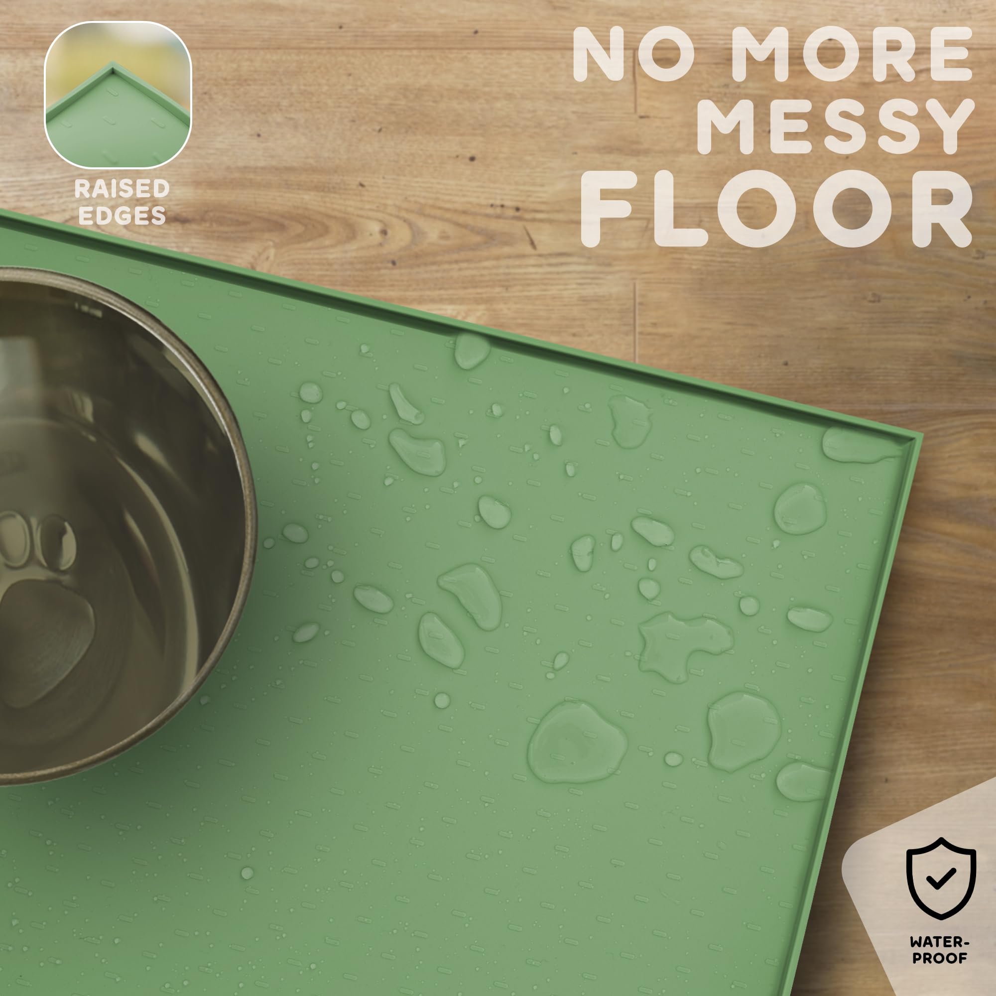 PETHAPPILY Silicone Pet Feeding Mat - 24x15 Waterproof Raised Edges Placemat for Dogs and Cats, Eucalyptus Green