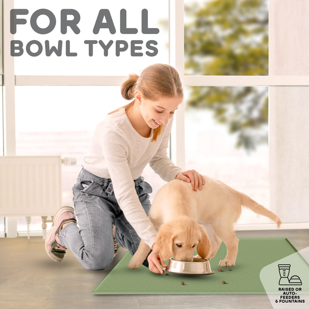 PETHAPPILY Silicone Pet Feeding Mat - 24x15 Waterproof Raised Edges Placemat for Dogs and Cats, Eucalyptus Green