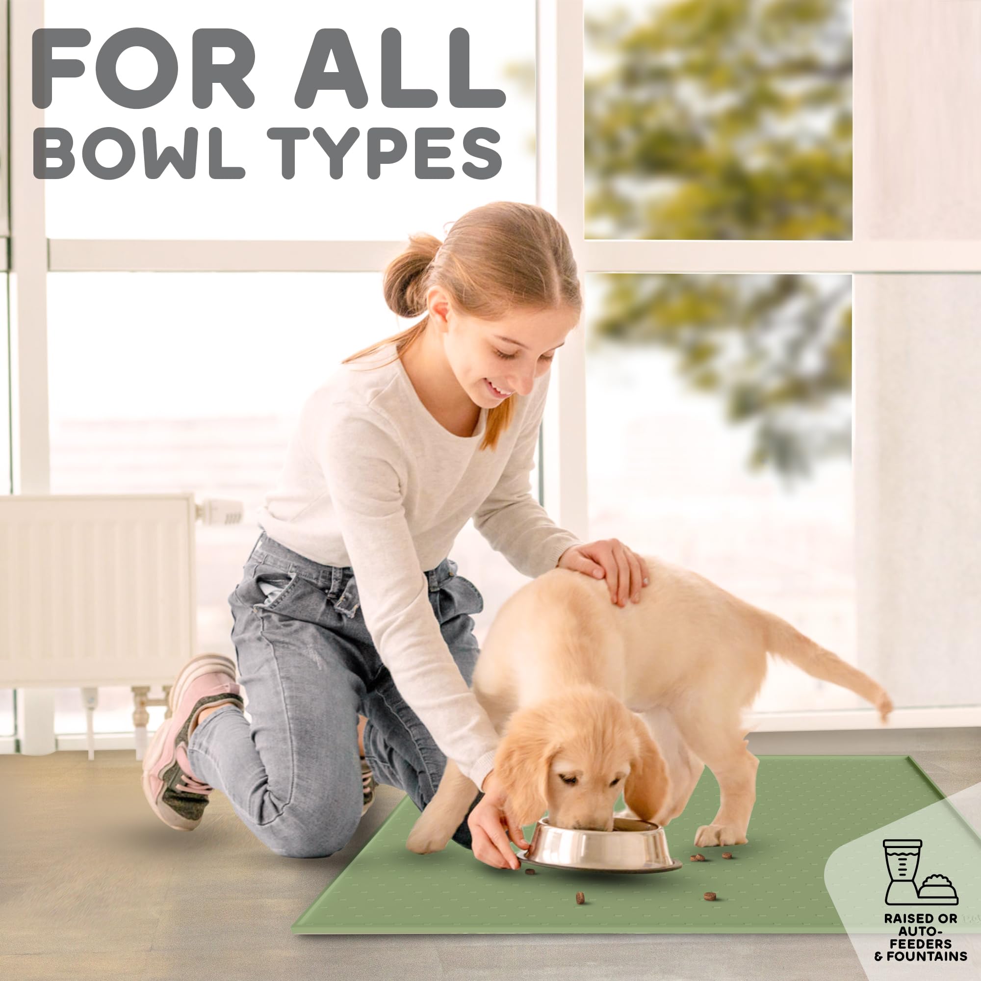 PETHAPPILY Silicone Pet Feeding Mat - 24x15 Waterproof Raised Edges Placemat for Dogs and Cats, Eucalyptus Green