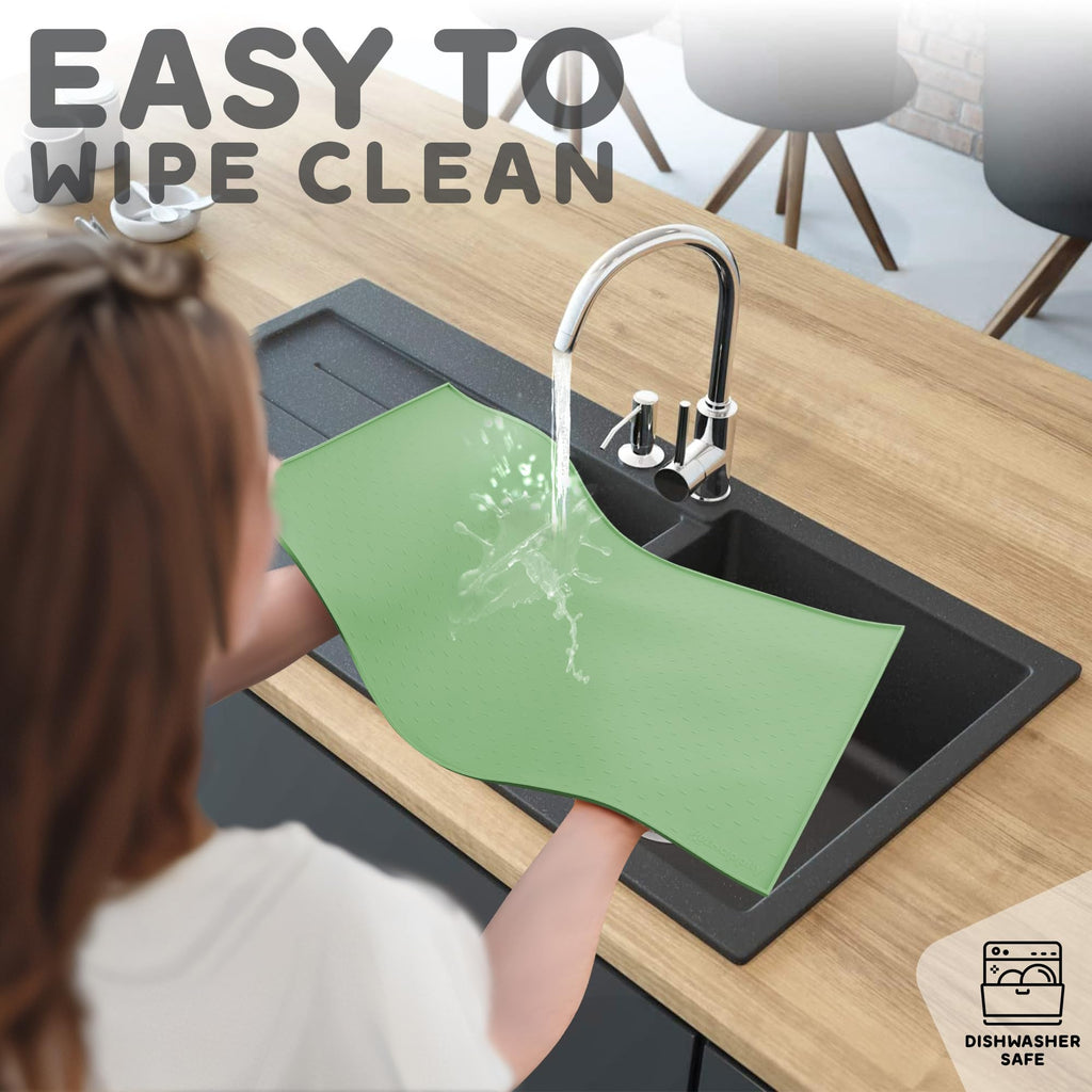 PETHAPPILY Silicone Pet Feeding Mat - 24x15 Waterproof Raised Edges Placemat for Dogs and Cats, Eucalyptus Green