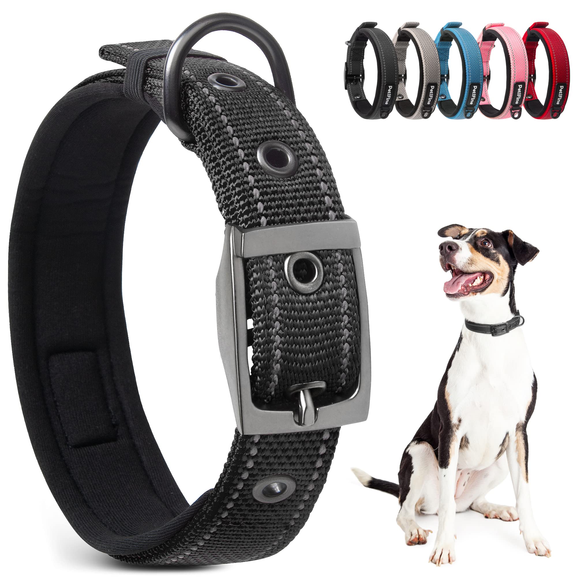 PetiFine Heavy Duty Dog Collar for Large Dogs - Neoprene Padded Reflective Metal Buckle - Black Size L