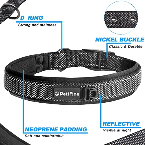 PetiFine Heavy Duty Dog Collar for Large Dogs - Neoprene Padded Reflective Metal Buckle - Black Size L