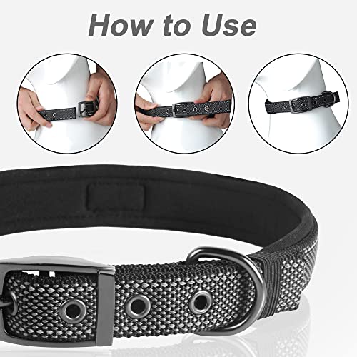 PetiFine Heavy Duty Dog Collar for Large Dogs - Neoprene Padded Reflective Metal Buckle - Black Size L