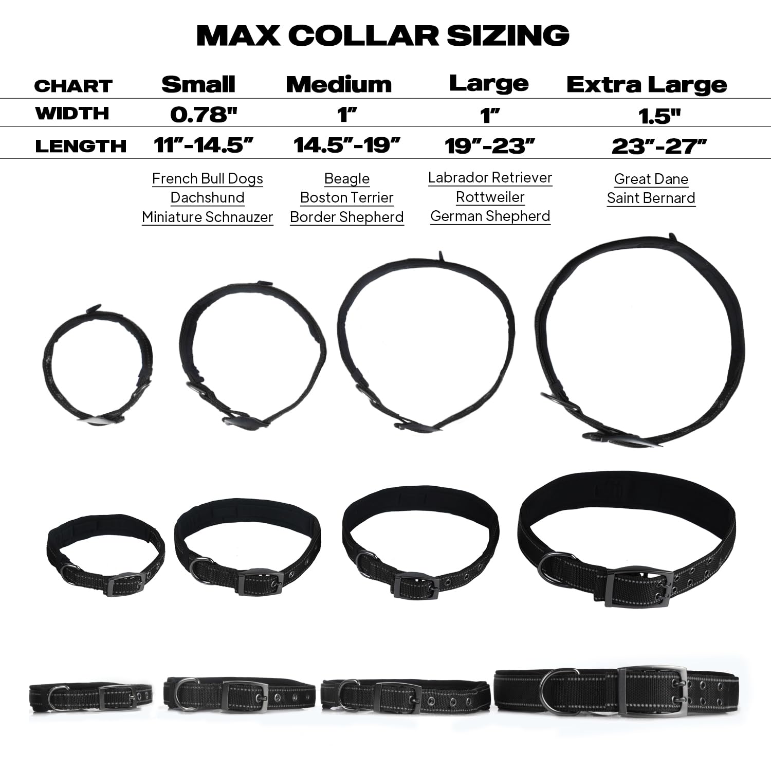 PetiFine Heavy Duty Dog Collar for Large Dogs - Neoprene Padded Reflective Metal Buckle - Black Size L