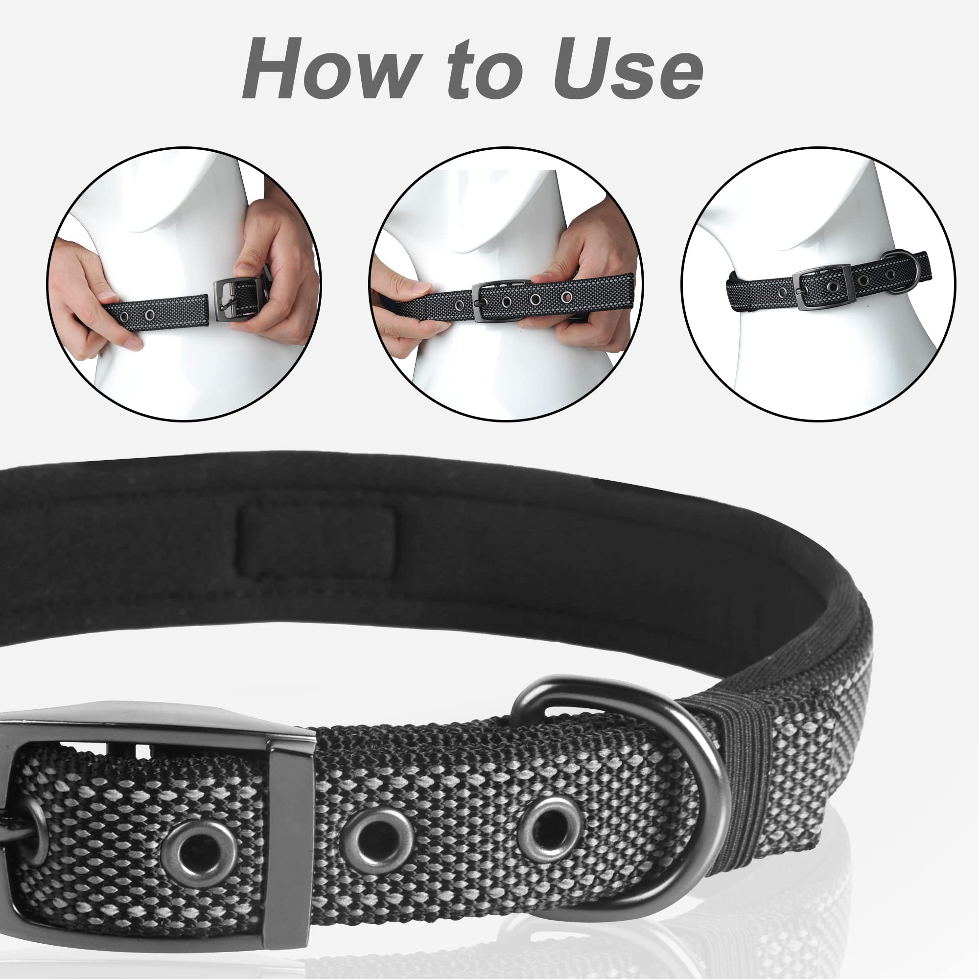 PetiFine Heavy Duty Dog Collar for Large Dogs - Neoprene Padded Reflective Metal Buckle - Black Size L