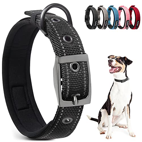 PetiFine Heavy Duty Dog Collar for Large Dogs - Neoprene Padded Reflective Metal Buckle - Black Size L