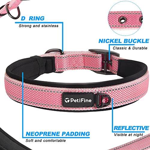 PetiFine Heavy Duty Dog Collar for Large Dogs - Neoprene Padded, Reflective, Stainless Steel Buckle - Pink, Size L