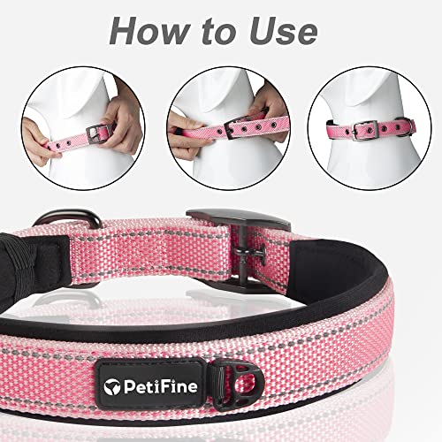 PetiFine Heavy Duty Dog Collar for Large Dogs - Neoprene Padded, Reflective, Stainless Steel Buckle - Pink, Size L