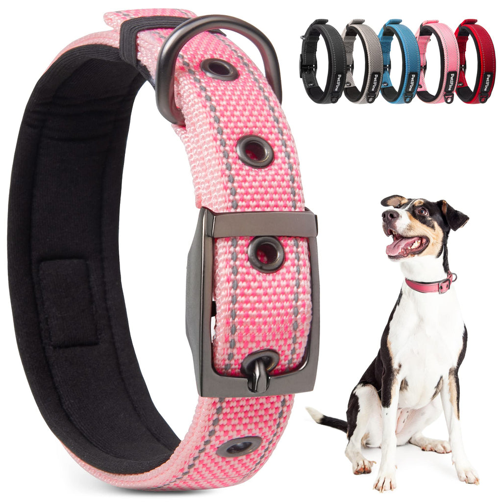 PetiFine Heavy Duty Dog Collar for Large Dogs - Neoprene Padded, Reflective, Stainless Steel Buckle - Pink, Size L