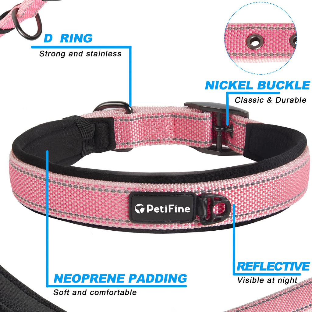 PetiFine Heavy Duty Dog Collar for Large Dogs - Neoprene Padded, Reflective, Stainless Steel Buckle - Pink, Size L