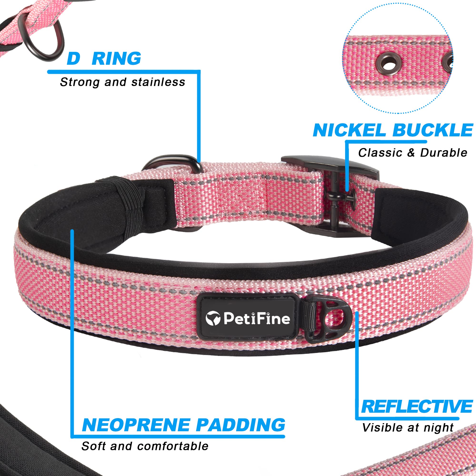 PetiFine Heavy Duty Dog Collar for Large Dogs - Neoprene Padded, Reflective, Stainless Steel Buckle - Pink, Size L