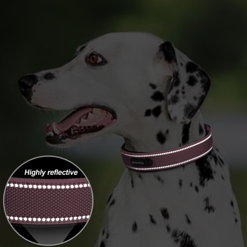 PetiFine Heavy Duty Dog Collar for Large Dogs - Neoprene Padded, Reflective, Stainless Steel Buckle - Pink, Size L