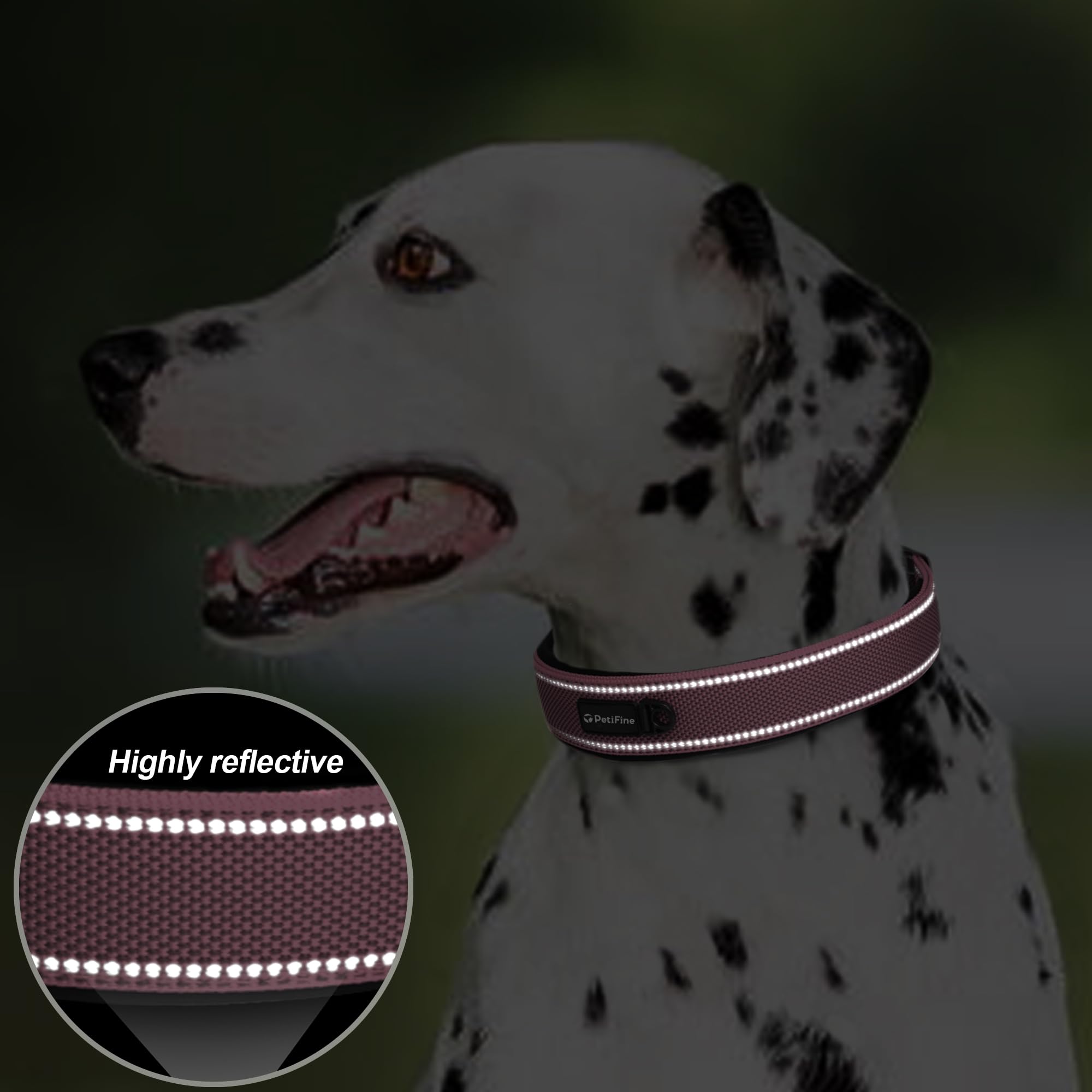 PetiFine Heavy Duty Dog Collar for Large Dogs - Neoprene Padded, Reflective, Stainless Steel Buckle - Pink, Size L