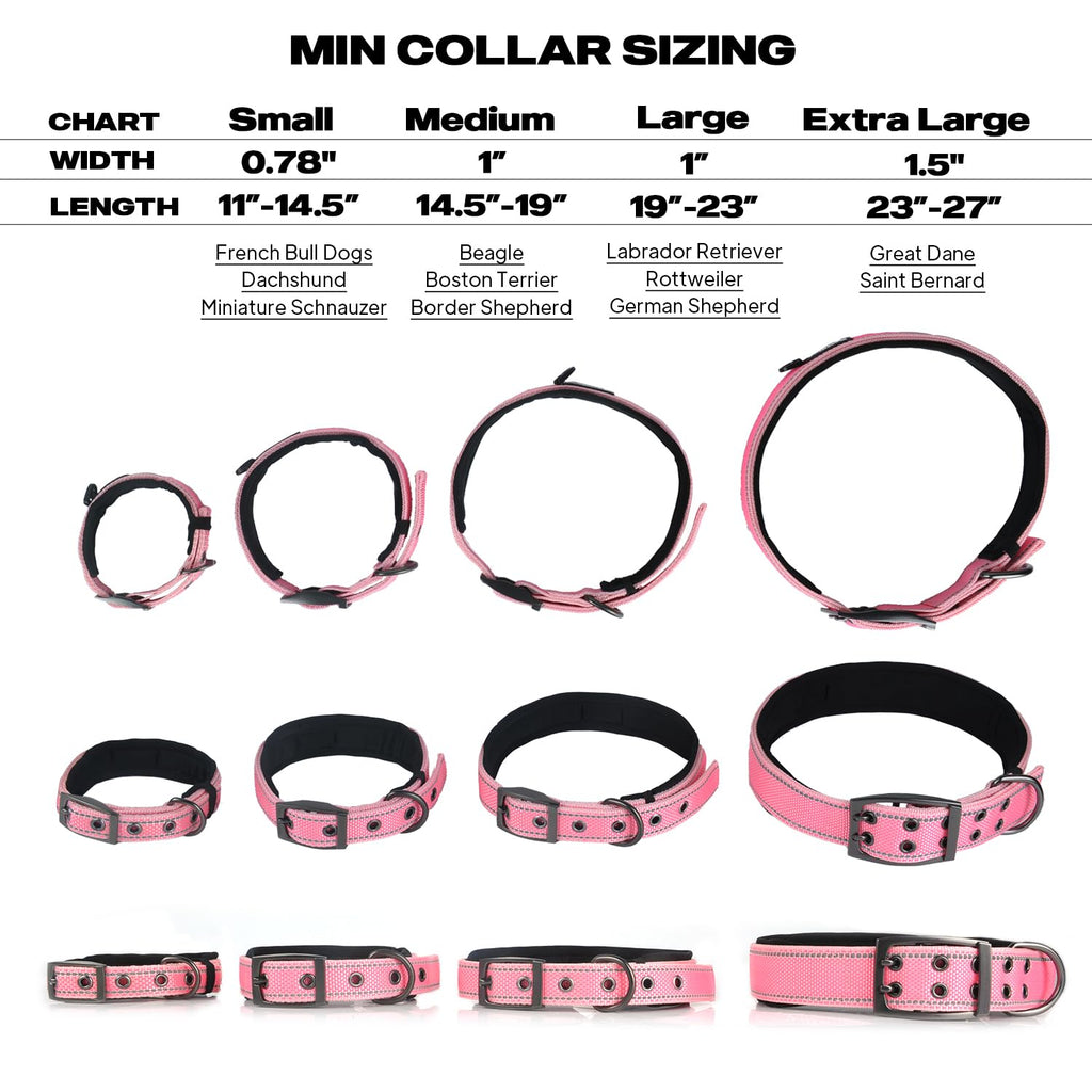 PetiFine Heavy Duty Dog Collar for Large Dogs - Neoprene Padded, Reflective, Stainless Steel Buckle - Pink, Size L