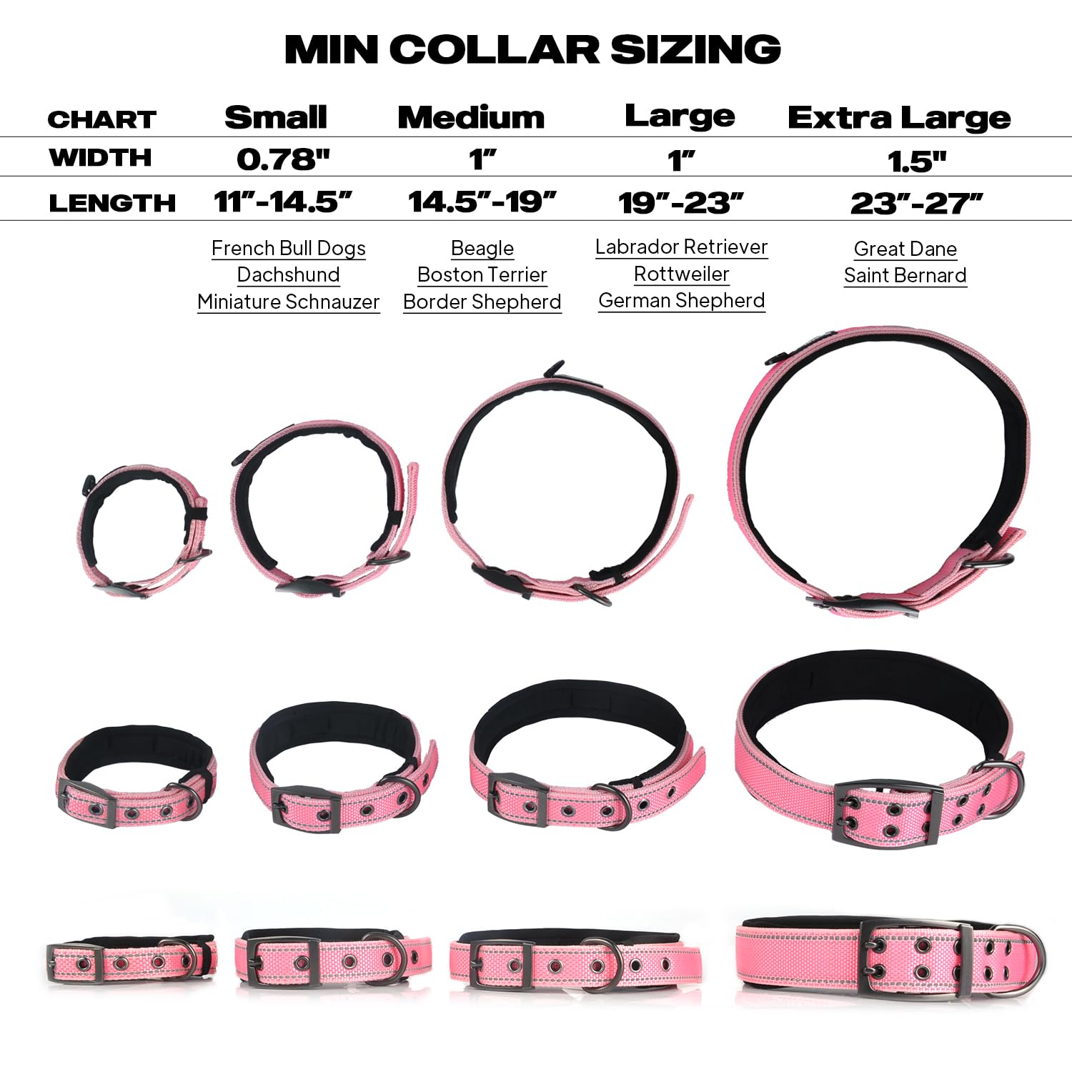 PetiFine Heavy Duty Dog Collar for Large Dogs - Neoprene Padded, Reflective, Stainless Steel Buckle - Pink, Size L