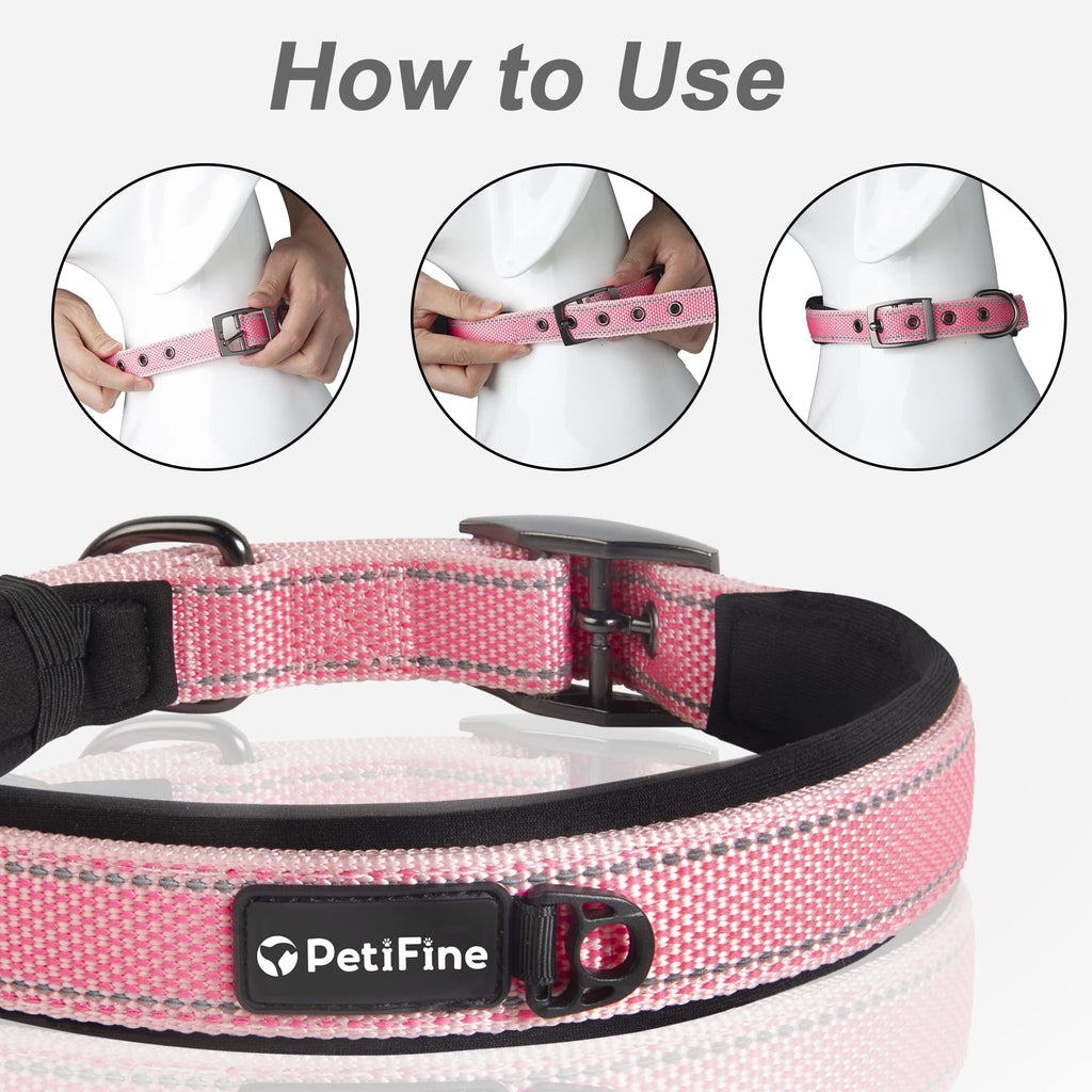 PetiFine Heavy Duty Dog Collar for Large Dogs - Neoprene Padded, Reflective, Stainless Steel Buckle - Pink, Size L