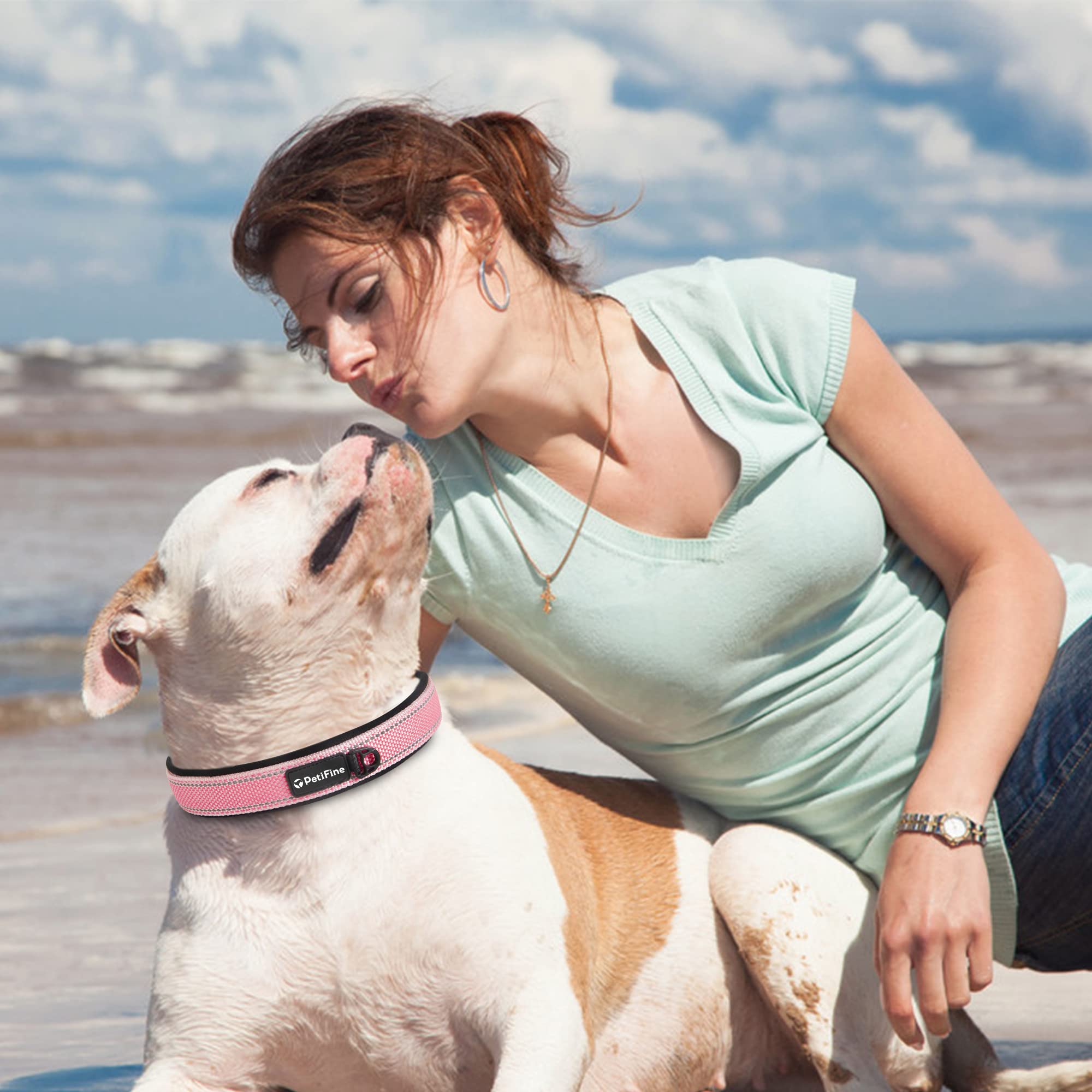 PetiFine Heavy Duty Dog Collar for Large Dogs - Neoprene Padded, Reflective, Stainless Steel Buckle - Pink, Size L