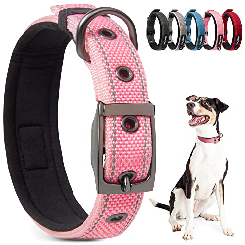 PetiFine Heavy Duty Dog Collar for Large Dogs - Neoprene Padded, Reflective, Stainless Steel Buckle - Pink, Size L