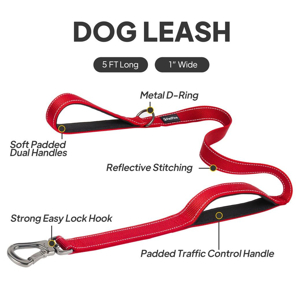 PetiFine Heavy Duty Dog Leash 5FT Red – Double Padded Handles & Reflective Stitching