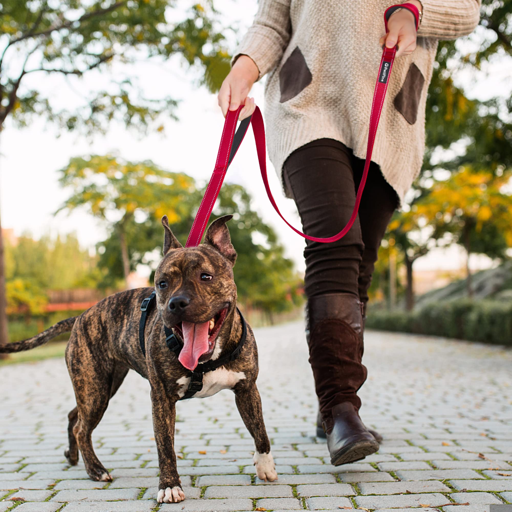 PetiFine Heavy Duty Dog Leash 5FT Red – Double Padded Handles & Reflective Stitching
