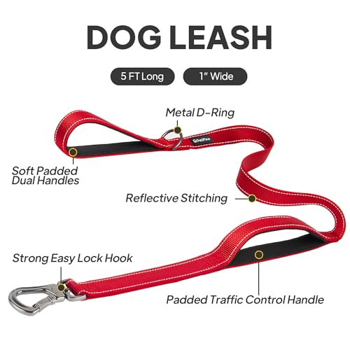 PetiFine Heavy Duty Dog Leash 5FT Red – Double Padded Handles & Reflective Stitching