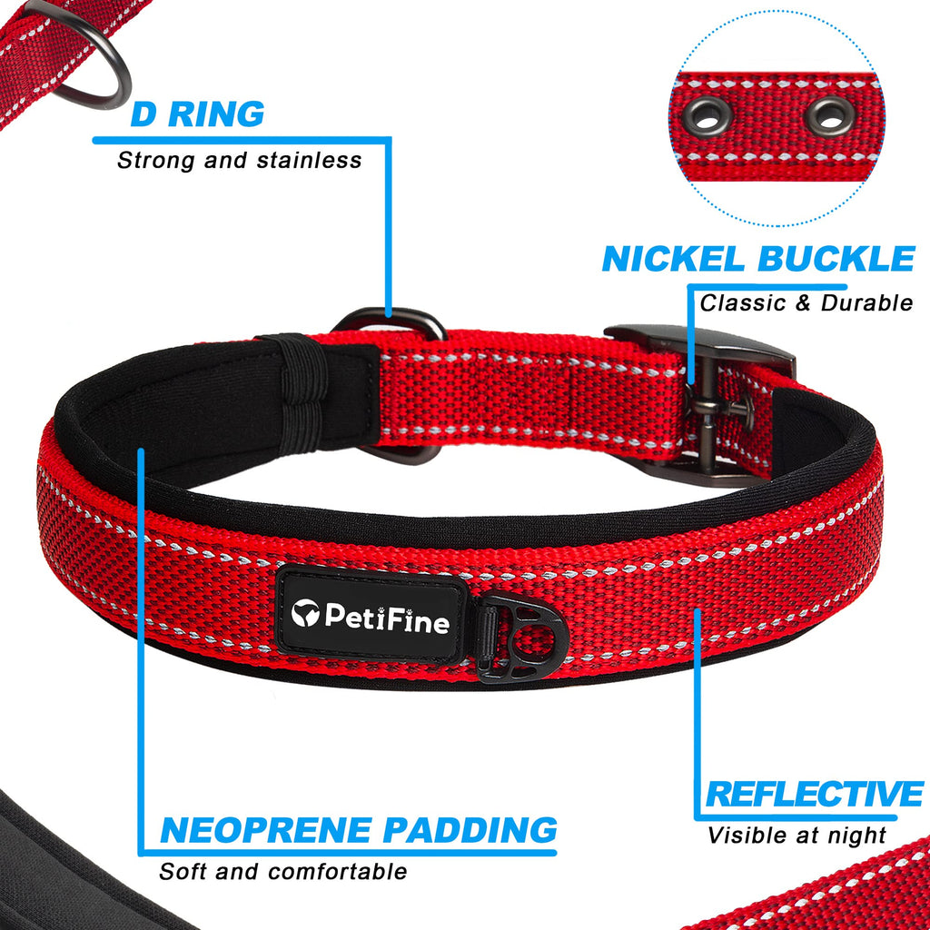 PetiFine Red Neoprene Padded Dog Collar for Large Breeds - Reflective, Heavy Duty with Metal Buckle