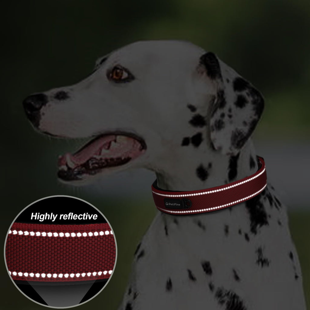 PetiFine Red Neoprene Padded Dog Collar for Large Breeds - Reflective, Heavy Duty with Metal Buckle