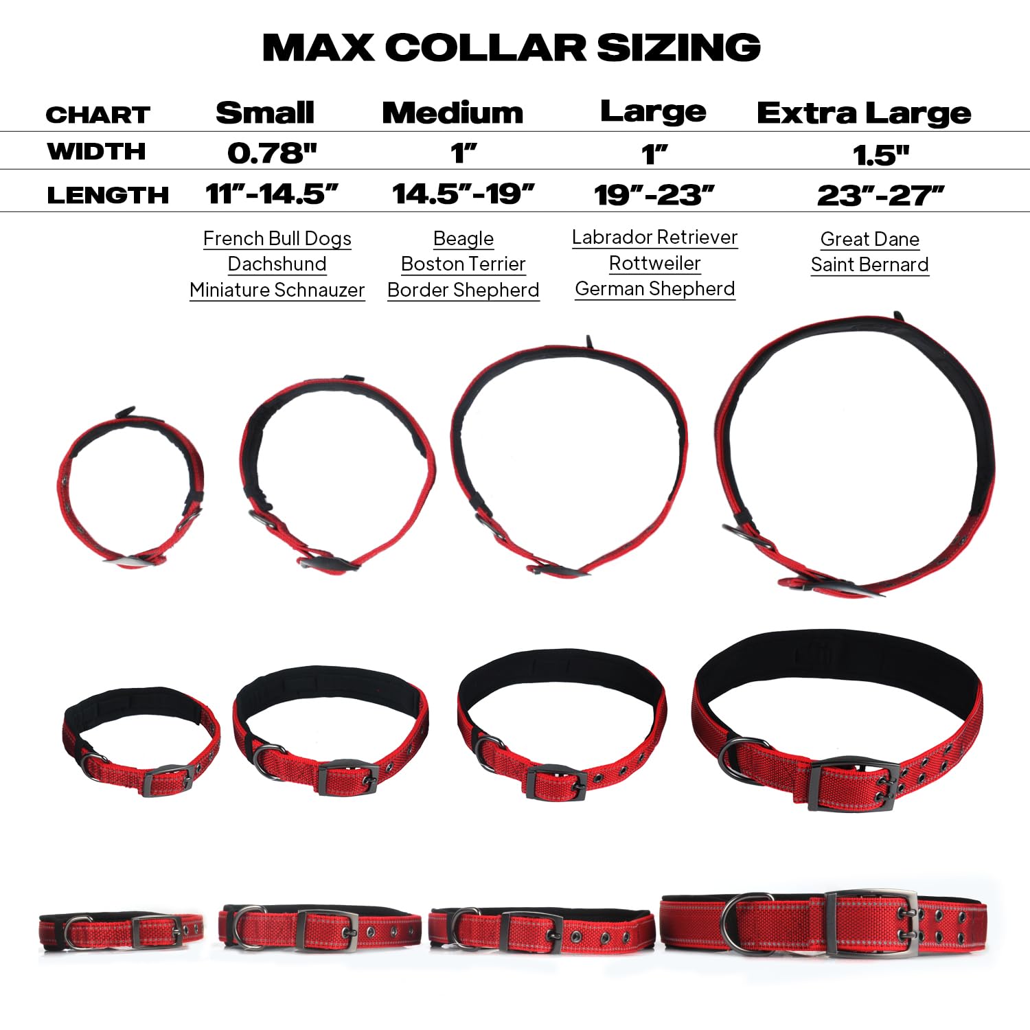 PetiFine Red Neoprene Padded Dog Collar for Large Breeds - Reflective, Heavy Duty with Metal Buckle