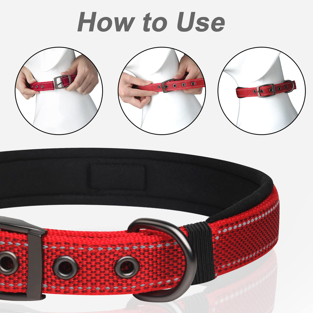 PetiFine Red Neoprene Padded Dog Collar for Large Breeds - Reflective, Heavy Duty with Metal Buckle