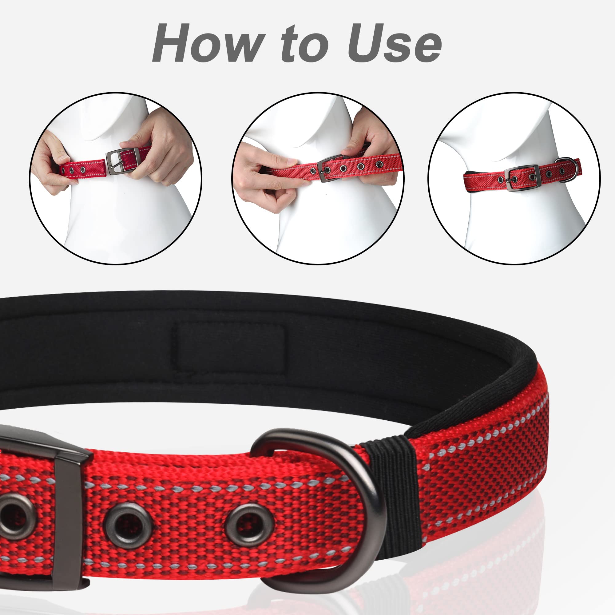 PetiFine Red Neoprene Padded Dog Collar for Large Breeds - Reflective, Heavy Duty with Metal Buckle