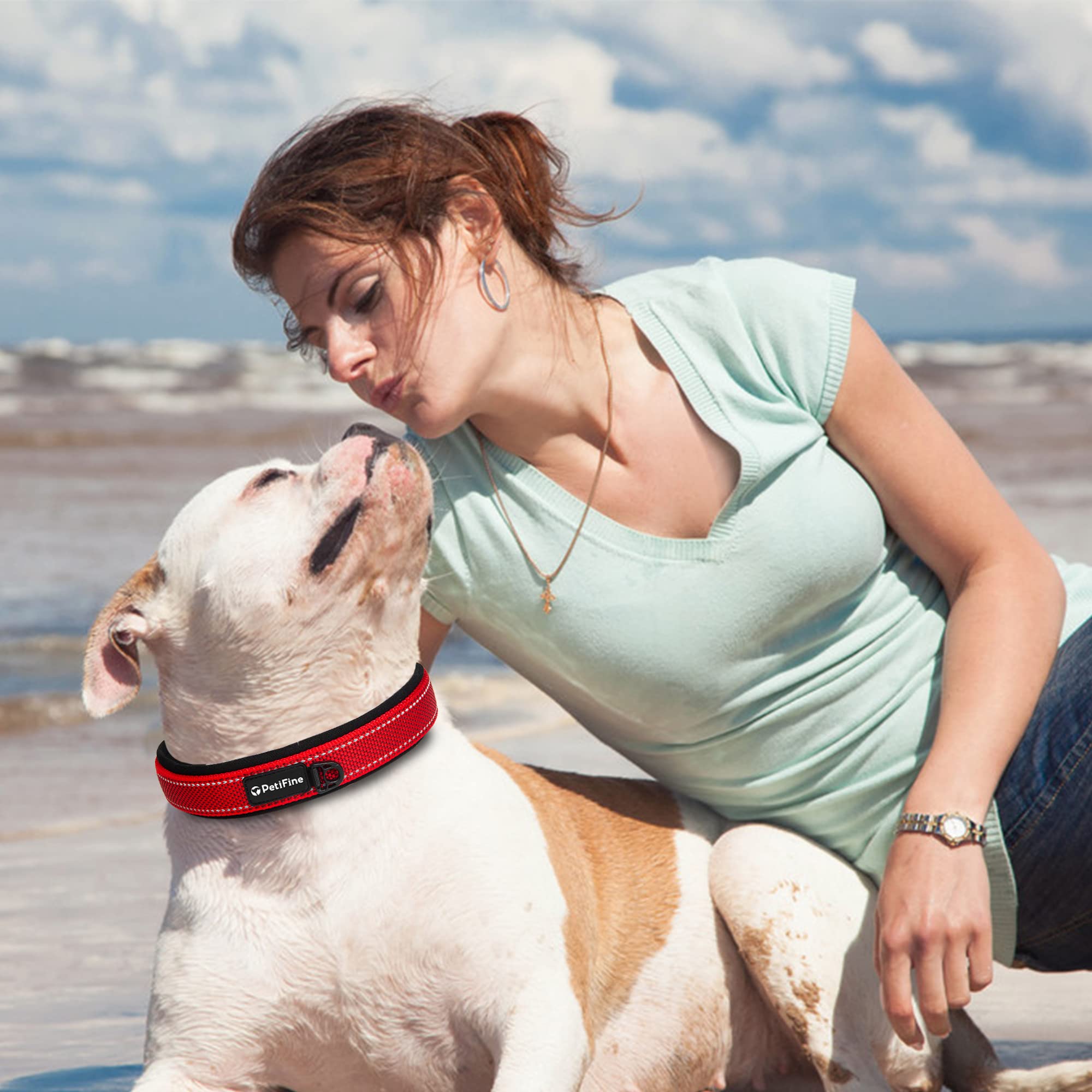 PetiFine Red Neoprene Padded Dog Collar for Large Breeds - Reflective, Heavy Duty with Metal Buckle
