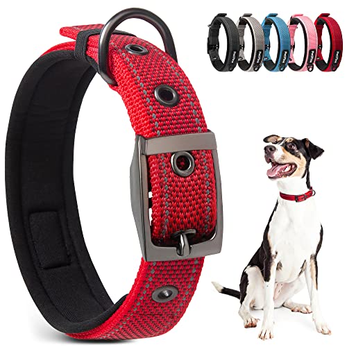 PetiFine Red Neoprene Padded Dog Collar for Large Breeds - Reflective, Heavy Duty with Metal Buckle
