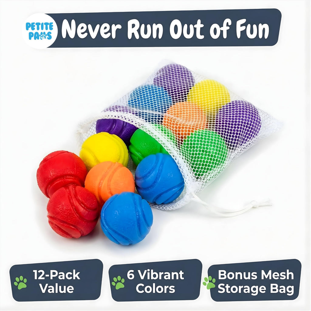 Petite Paws SuperFetch Dog Balls 1.5 Inch No Squeak Toy for Small Dogs Puppies - 6 Pack with Colors and Mesh Bag