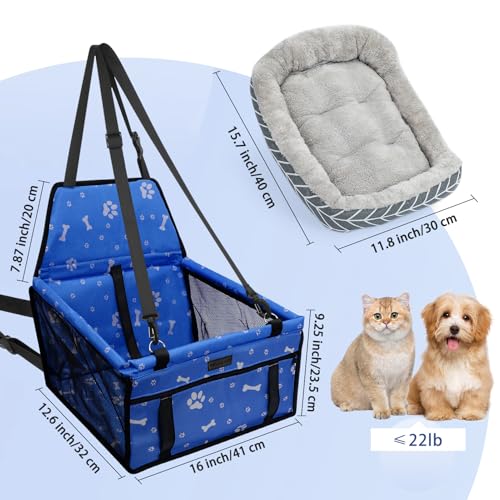 PetsHome Dog Car Booster Seat – Waterproof Oxford Foldable Travel Bag for Small to Medium Dogs, Pattern Blue