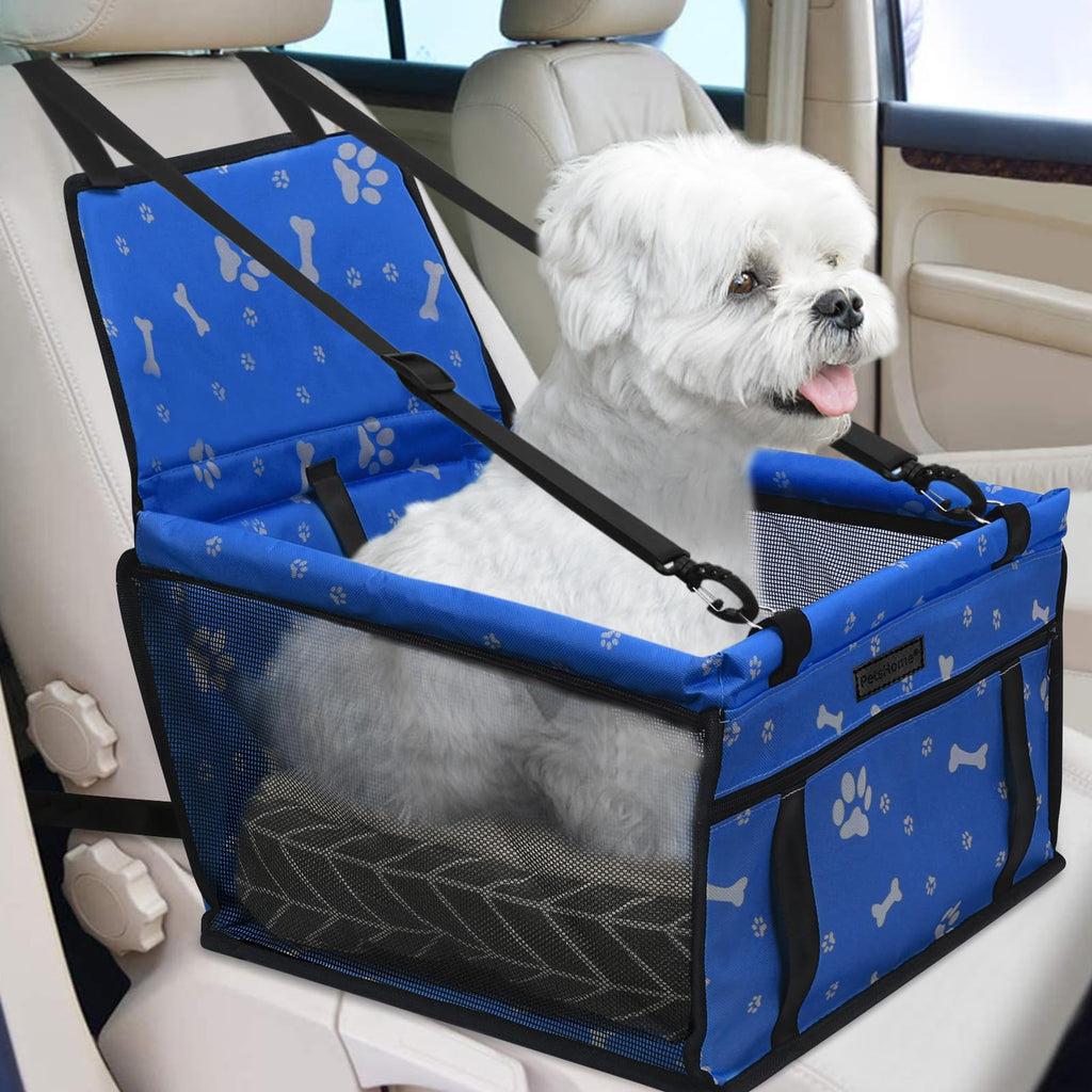 PetsHome Dog Car Booster Seat – Waterproof Oxford Foldable Travel Bag for Small to Medium Dogs, Pattern Blue