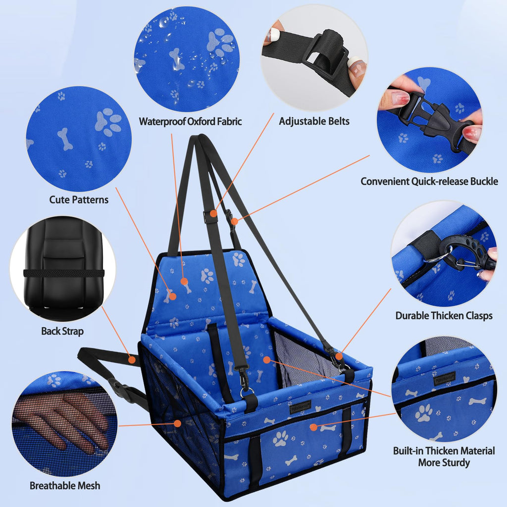 PetsHome Dog Car Booster Seat – Waterproof Oxford Foldable Travel Bag for Small to Medium Dogs, Pattern Blue